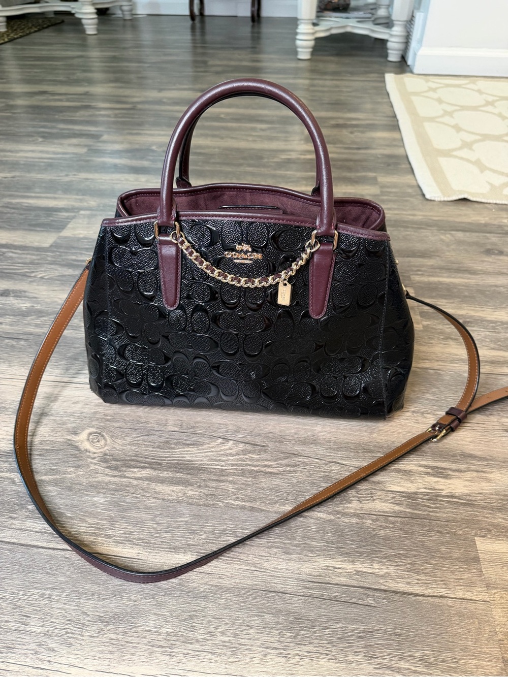 Coach Signature C Embossed Patent Leather Satchel Black Oxblood Crossbody Bag